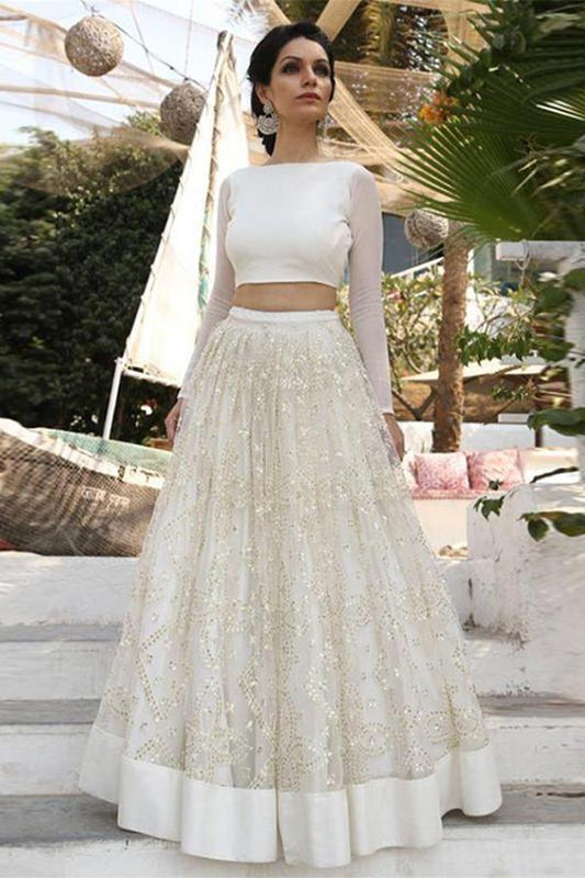 NumberSea Two Piece Ivory A Line Cheap Bridal Dresses, Long Sleeves Lace Wedding Dress, MW196