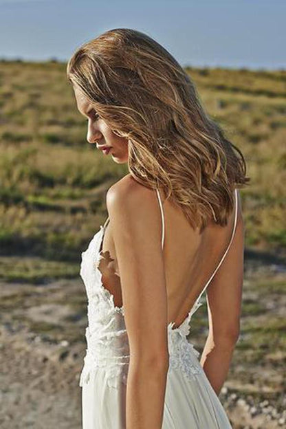 NumberSea White Spaghetti Straps Open Back Lace Beach Wedding Dresses, MW212