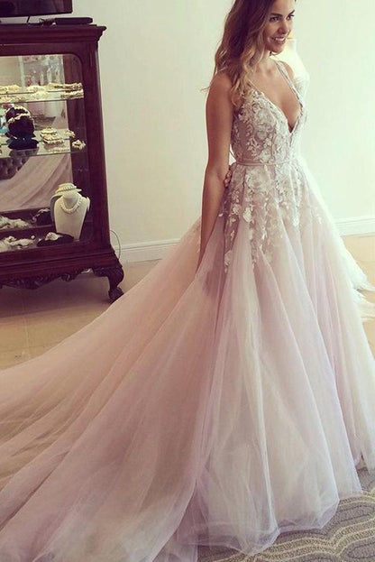 NumberSea Pink A-line V-neck Sheer Back Long Wedding Dresses with Appliques, MW245