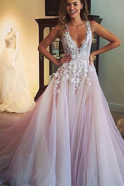 NumberSea Pink A-line V-neck Sheer Back Long Wedding Dresses with Appliques, MW245