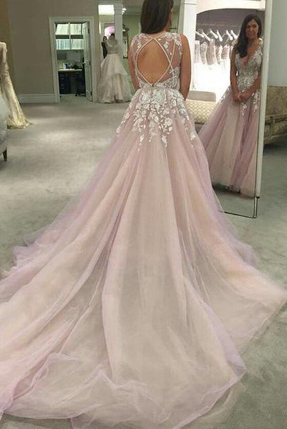 NumberSea Pink A-line V-neck Sheer Back Long Wedding Dresses with Appliques, MW245