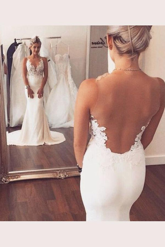 NumberSea White Open Back Spaghetti Straps Trumpet Sweep Train Wedding Dresses, MW225