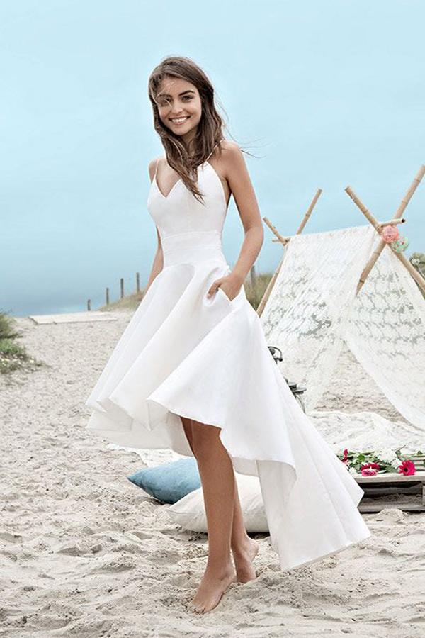 NumberSea Weißes High Low Sweetheart Spaghettiträger Schlichtes Strand-Brautkleid, MW223 