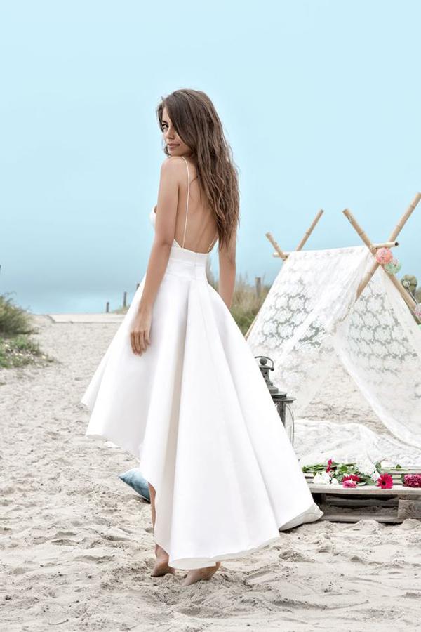 NumberSea Weißes High Low Sweetheart Spaghettiträger Schlichtes Strand-Brautkleid, MW223 