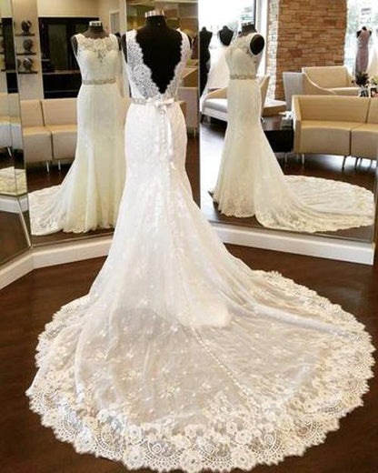 NumberSea White Lace Open Back Mermaid Vintage Scoop Neckline Wedding Dresses, MW200