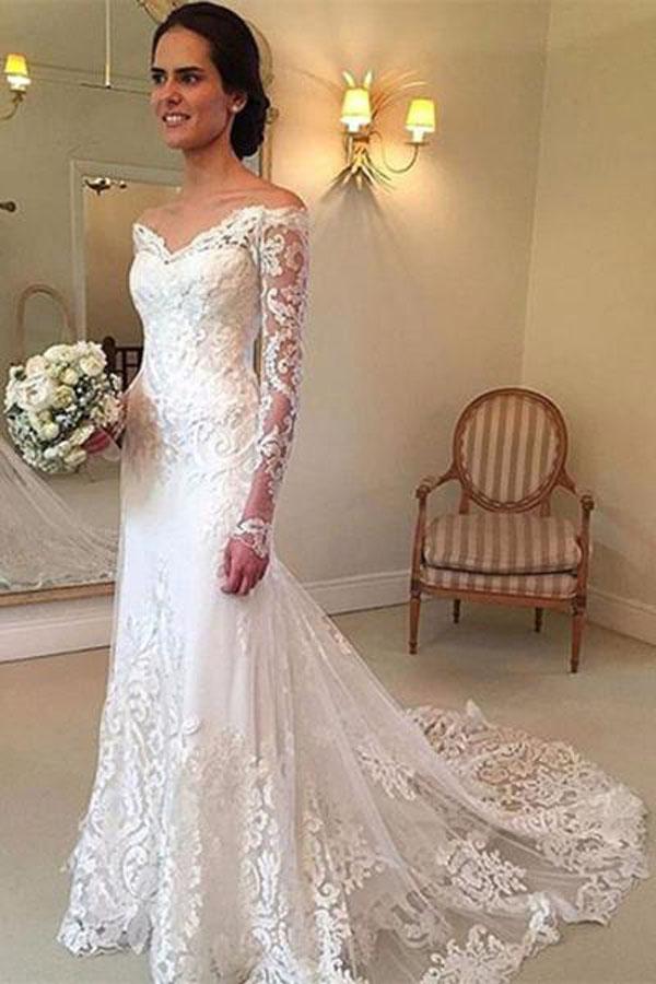 NumberSea White Long Sleeves Off Shoulder Lace Sweep Train Wedding Dresses, MW236