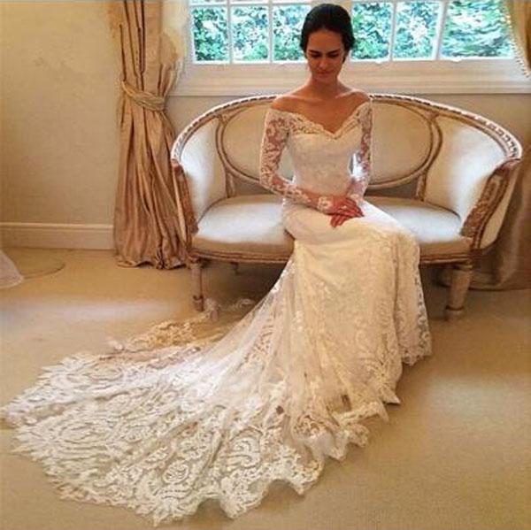 NumberSea White Long Sleeves Off Shoulder Lace Sweep Train Wedding Dresses, MW236