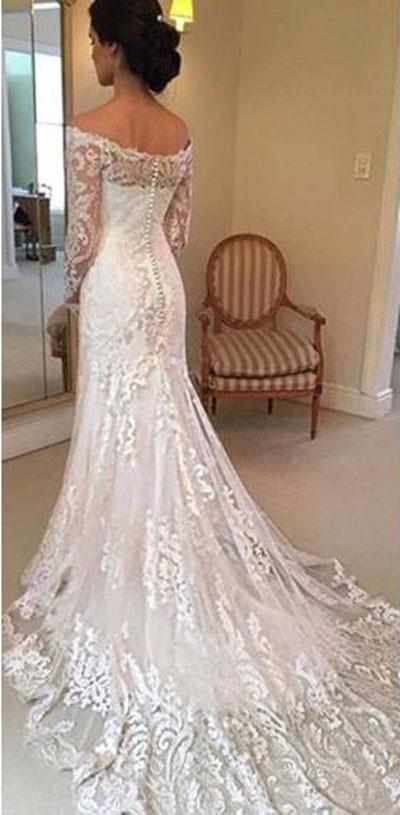 NumberSea White Long Sleeves Off Shoulder Lace Sweep Train Wedding Dresses, MW236