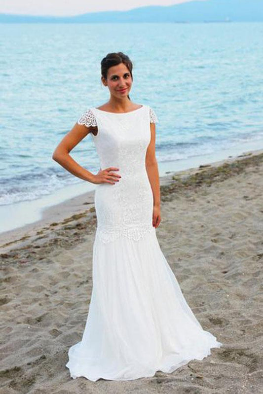 NumberSea White Cap Sleeves Scoop Neck Open Back Lace Beach Wedding Dresses, MW199