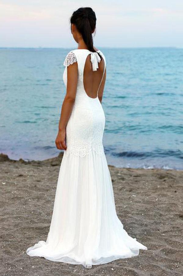 NumberSea White Cap Sleeves Scoop Neck Open Back Lace Beach Wedding Dresses, MW199