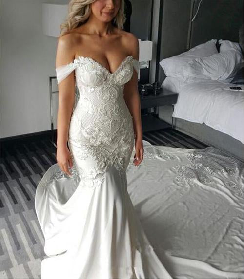 NumberSea Sweetheart Off Shoulder Mermaid Long Wedding Dress with Sweep Train, MW119