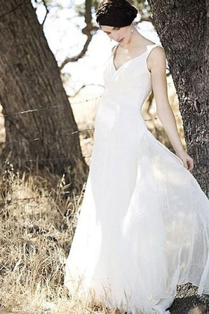 NumberSea Simple Chiffon Ivory A-line V-neck Floor Length Beach Wedding Dresses, MW172