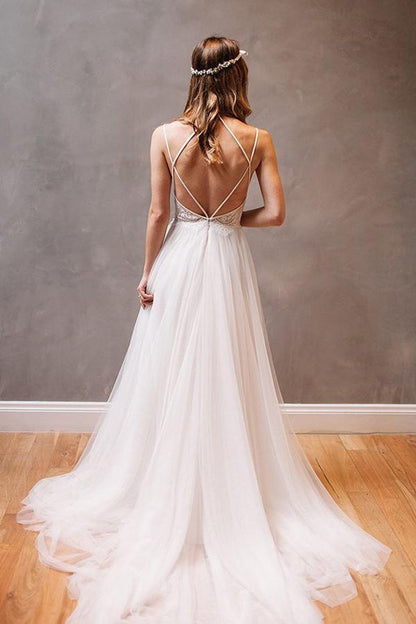 NumberSea Simple Spaghetti Straps A-Line Tulle Open Back Wedding Dresses online, MW253