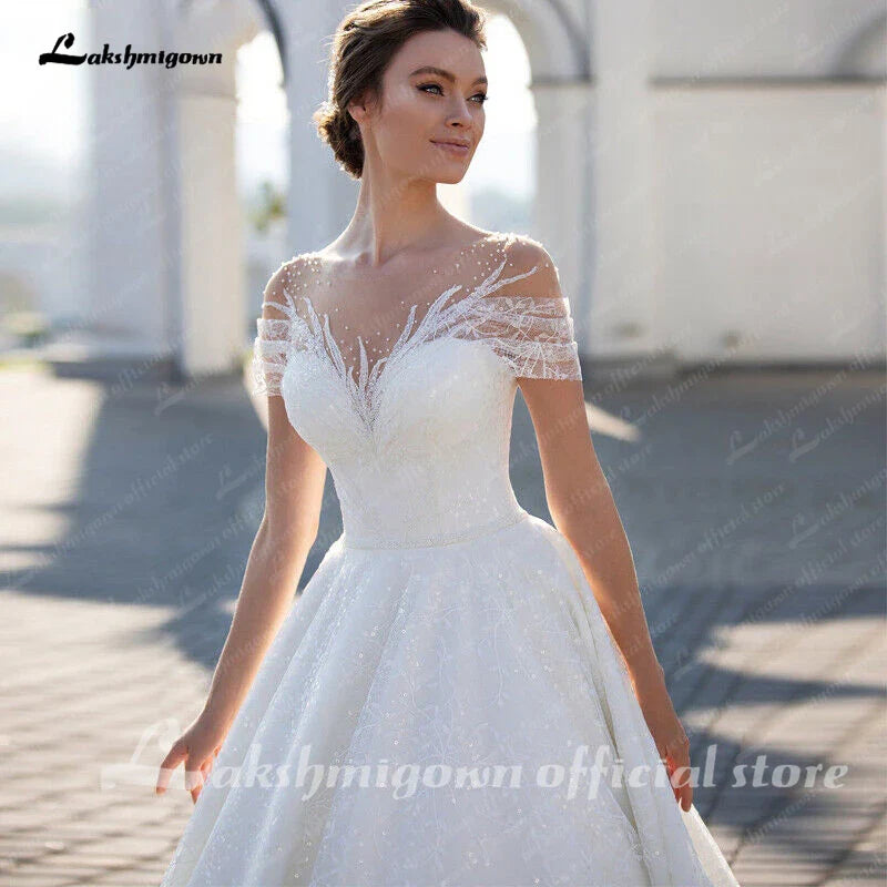 NumberSea Sparkling Off-The-Shoulder Wedding Dress Elegant Glitter Lace A-Line Bridal Gown with Illusion Pleats Short Sleeves