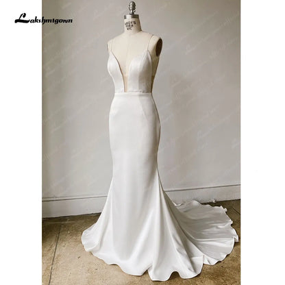 NumberSea Simple Satin Wedding Dress Spaghetti Straps Long Train Backless Buttons Draped Trailing V Neck Bridal Gowns