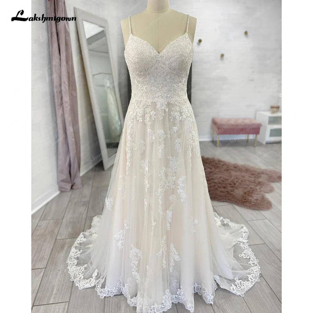 Sexy Spaghetti Straps Tulle Wedding Dress Backless Lace Bridal Gowns with Flowers party vestido de novia 2025 boda elegante