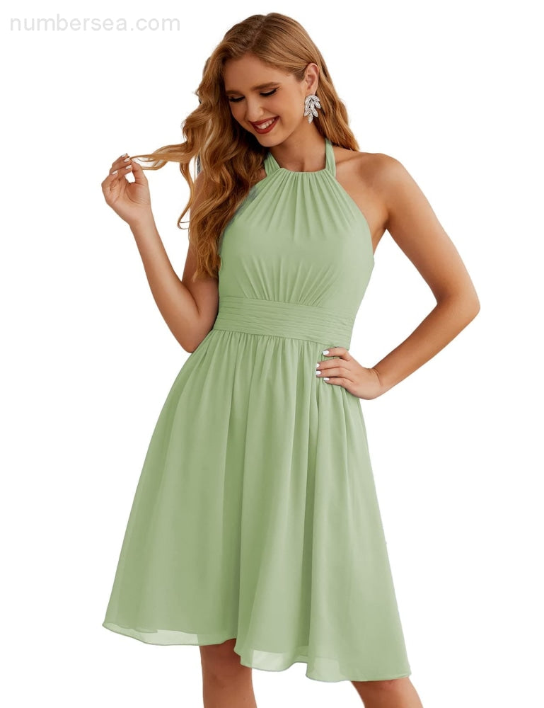 Numbersea Halter Chiffon Bridesmaid Dresses Short Sleeveless Formal Party Dress Open Back Sea28023