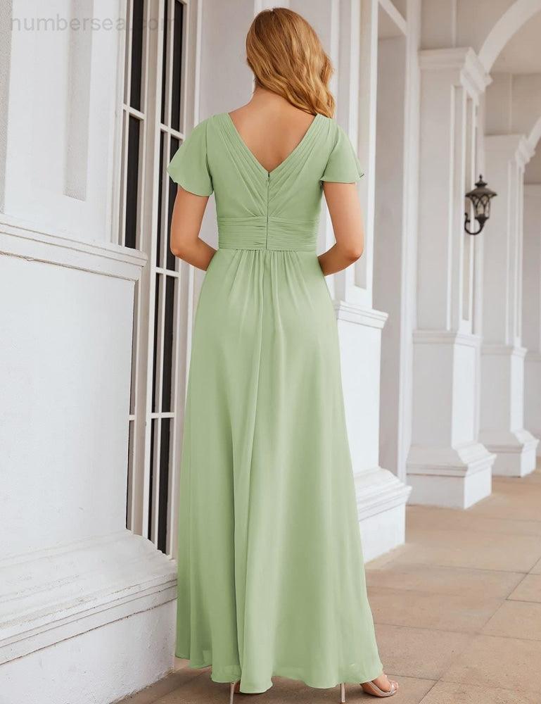 Numbersea Chiffon Bridesmaid Dress Cap Sleeves Maxi Prom Gowns Party Wedding Mother of The Bride Dresses for Women SEA28047-numbersea