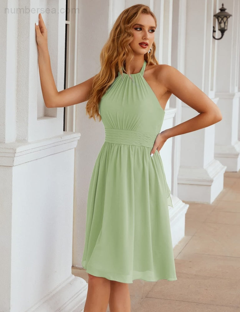 Numbersea Halter Chiffon Bridesmaid Dresses Short Sleeveless Formal Party Dress Open Back Sea28023