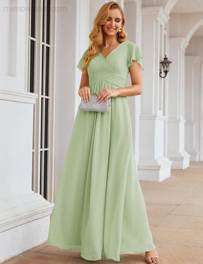 Numbersea Chiffon Bridesmaid Dress Cap Sleeves Maxi Prom Gowns Party Wedding Mother of The Bride Dresses for Women SEA28047-numbersea