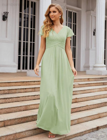 Numbersea Chiffon Bridesmaid Dress Cap Sleeves Maxi Prom Gowns Party Wedding Mother of The Bride Dresses for Women SEA28047-numbersea