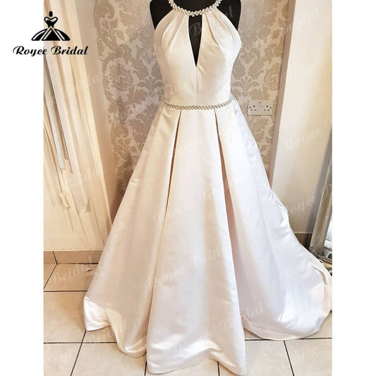 NumberSea Satin Rückenfrei Schulterfrei Neckholder A-Linie Hochzeitskleid 2025 Schlichtes Brautkleid Robe Soirée Mariage Maßgeschneiderte Sweep 