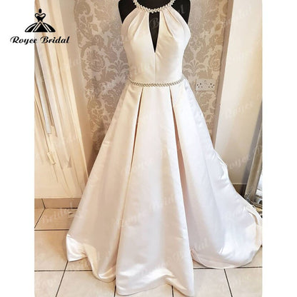 NumberSea Satin Backless Off the Shoulder Halter Neck A Line Wedding Dress 2025 Simple Bridal Gown robe soirée mariage Custom Made Sweep