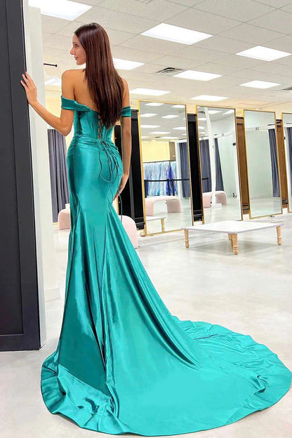 Satin  Off The Shoulder With Slit Prom Dresses