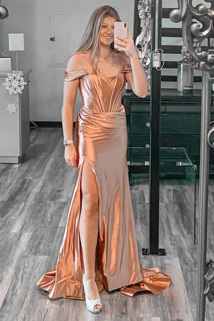 Satin  Off The Shoulder With Slit Prom Dresses