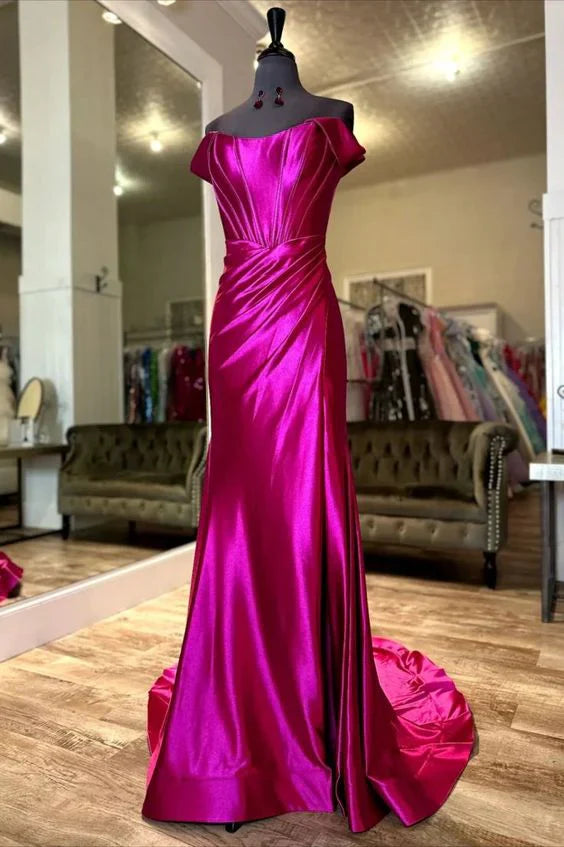 Satin  Off The Shoulder With Slit Prom Dresses