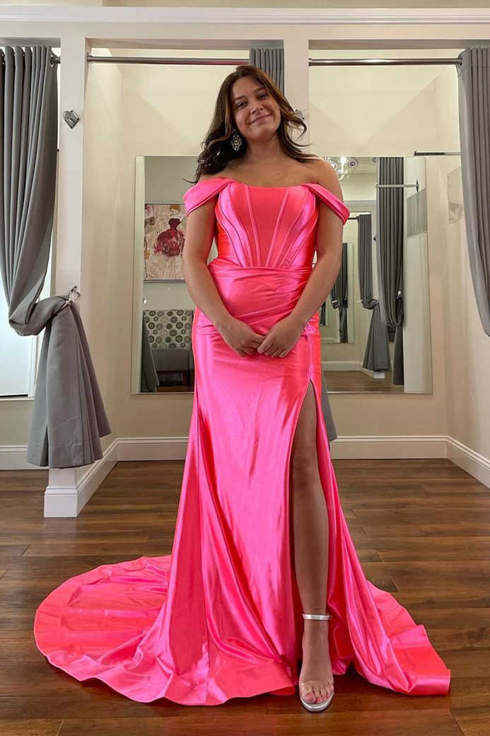 Satin  Off The Shoulder With Slit Prom Dresses