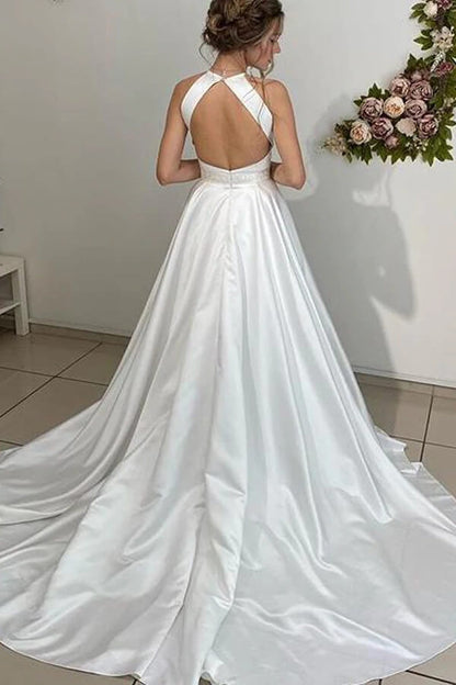 NumberSea Satin A-line Halter Backless Wedding Dress, Bridal Gown With Beaded Belt, MW713