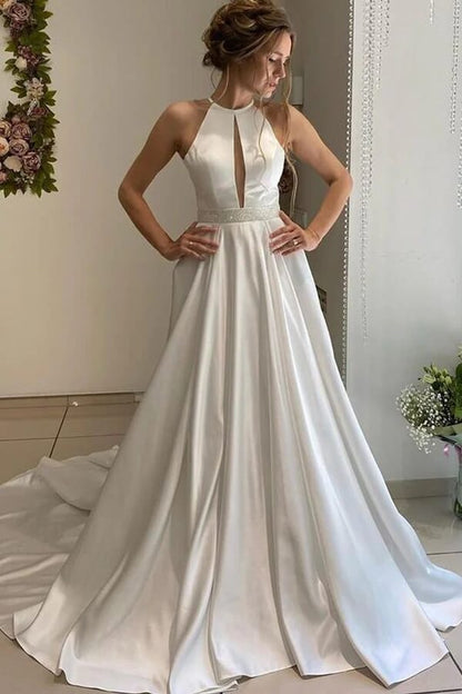 NumberSea Satin A-line Halter Backless Wedding Dress, Bridal Gown With Beaded Belt, MW713