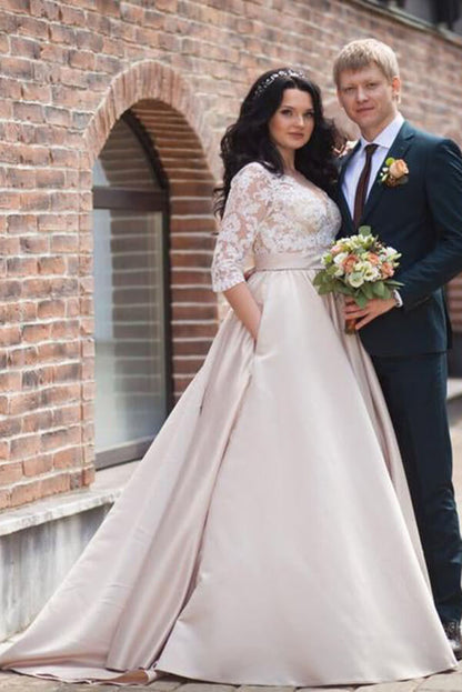 NumberSea Satin A-Linie Illusion Lange Ärmel Brautkleider mit Spitzenapplikationen, MW640