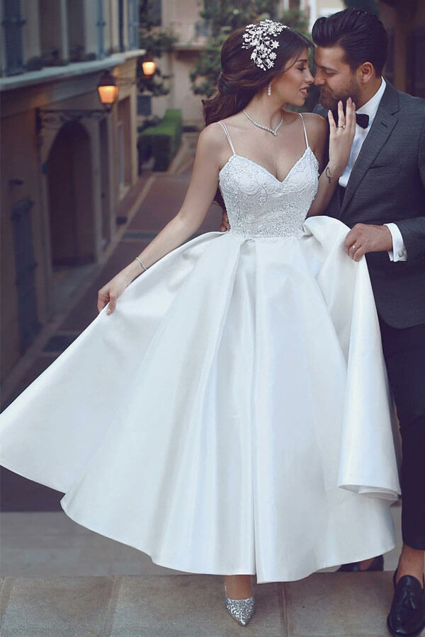 NumberSea Satin A-line V-neck Spaghetti Straps Short Wedding Dresses with Appliques, MW514