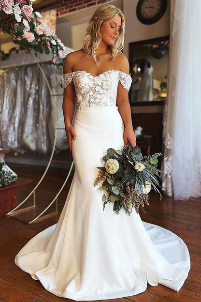 NumberSea Satin Lace Mermaid Off-the-shoulder Wedding Dresses, Wedding Gowns, MW754