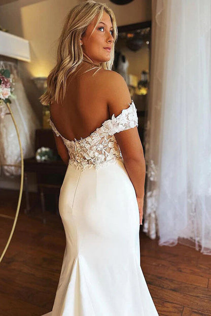 NumberSea Satin Lace Mermaid Off-the-shoulder Wedding Dresses, Wedding Gowns, MW754