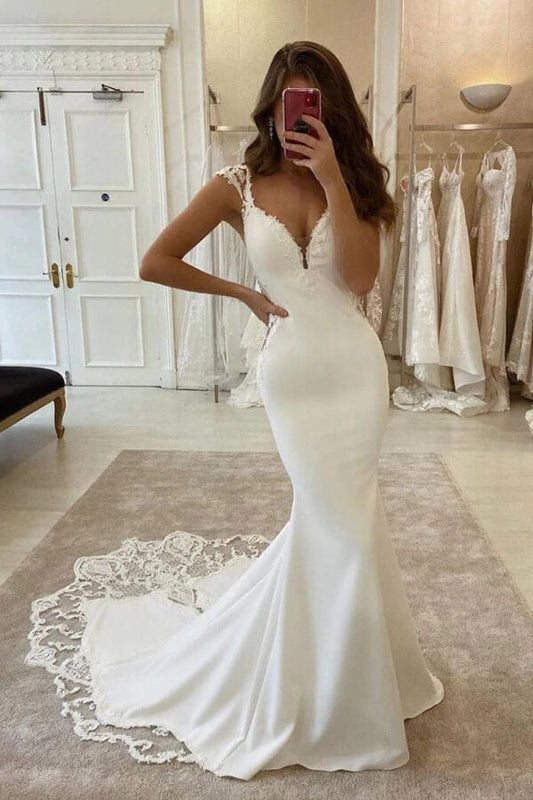 NumberSea Satin Mermaid Lace V-neck Cap Sleeves Wedding Dresses With Appliques, MW703