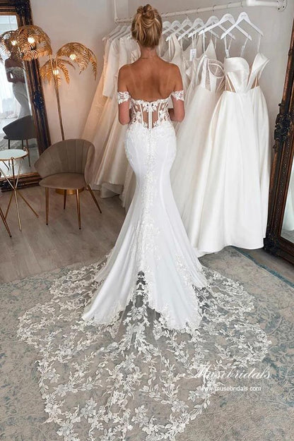 NumberSea Satin Mermaid Off-the-Shoulder Wedding Dresses With Lace Appliques, MW872