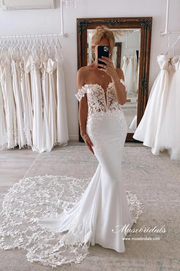 NumberSea Satin Mermaid Off-the-Shoulder Wedding Dresses With Lace Appliques, MW872