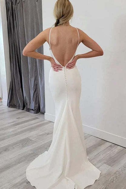 NumberSea Satin Mermaid Scoop Neck Open Back Wedding Dresses, Bridal Gowns, MW897