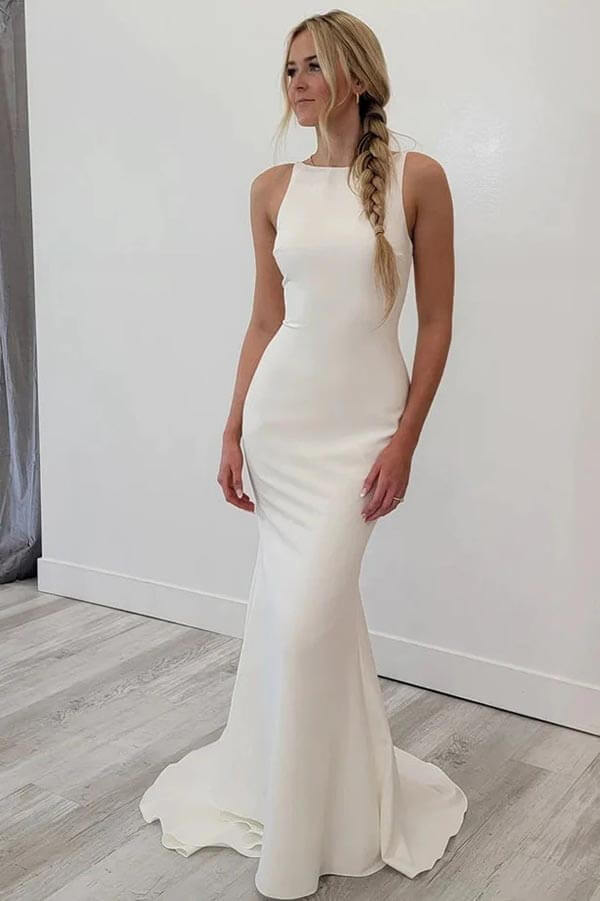 NumberSea Satin Mermaid Scoop Neck Open Back Wedding Dresses, Bridal Gowns, MW897