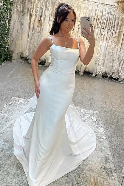 NumberSea Satin Mermaid Spaghetti Straps Court Train Wedding Dresses, Bridal Gown, MW903