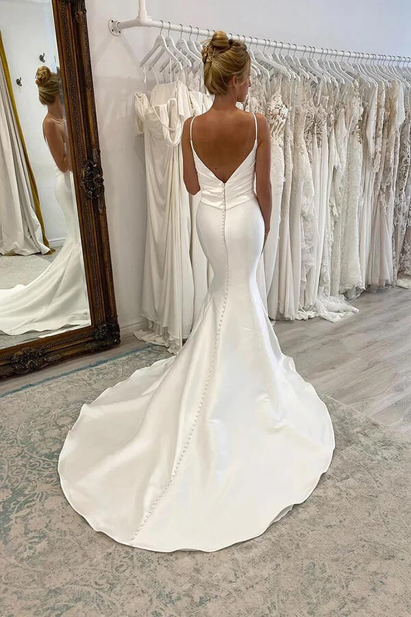 NumberSea Satin Mermaid Spaghetti Straps Pleated Wedding Dresses, Bridal Gown, MW896