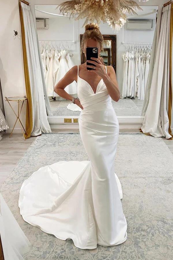 NumberSea Satin Mermaid Spaghetti Straps Pleated Wedding Dresses, Bridal Gown, MW896