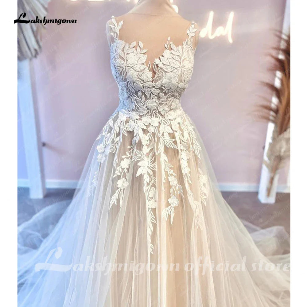 NumberSea Princess Floral Lace Wedding Dresses For Women Champagne Civil Boho Wedding Gowns Vestido De Novia Court Train