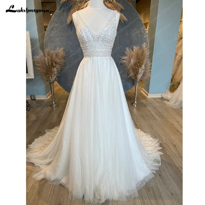 NumberSea Women A Line Wedding Dress Boho Vestidos de Fiesta de Noche Tulle Beach Wedding Dress Robe Bridal Gown