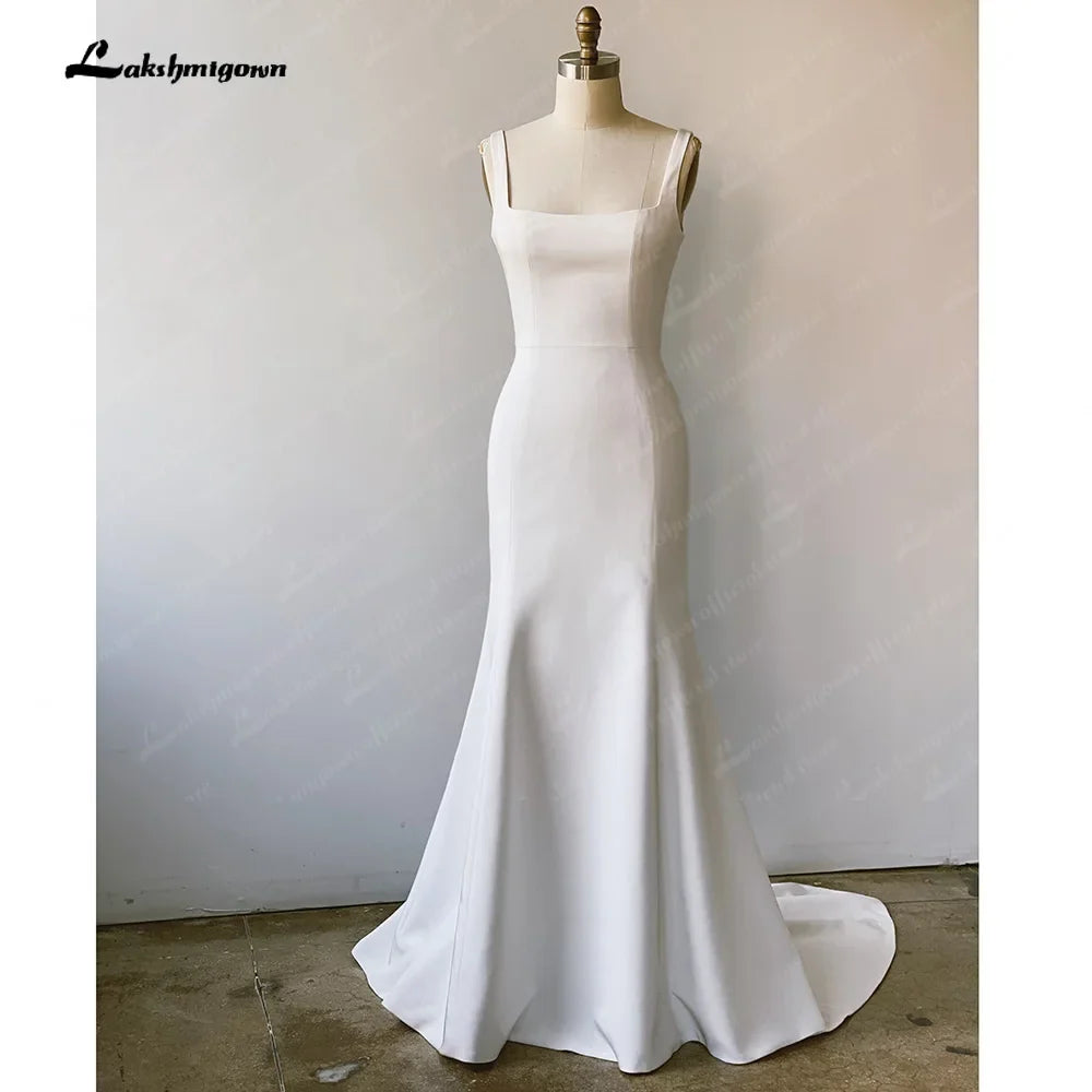 NumberSea Stretchy Crepe Scoop Neck Wedding Dress Backless Draped Trailing Stretch Satin Spaghetti Straps Bridal Gowns