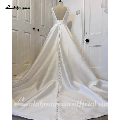 NumberSea V Neck Women Satin Wedding Dress 2025 Hochzeit Plunging V Neck Vestidos Civil Bridal Gowns Open Back