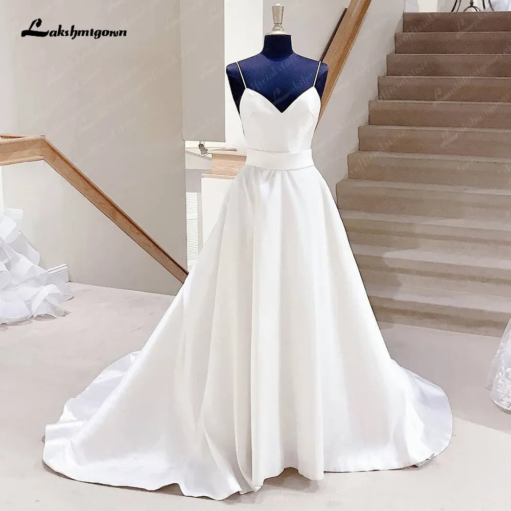 NumberSea Satin A Line Wedding Dresses with Bow Backless 2025 Summer Beach Robe Satin Sexy Bridal Gowns Spaghetti Straps